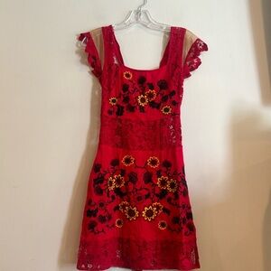 For love & lemons red embroidered dress with‎ sheer sleeves